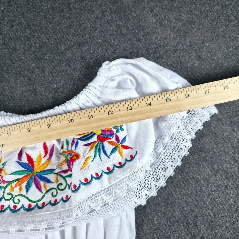 Mexican Peasant Dress Kids Size 6 White Floral Bird Embroidered Boho